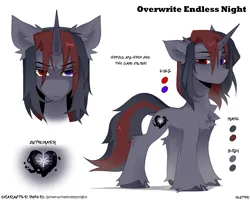 Size: 3000x2400 | Tagged: safe, alternate version, artist:zlatavector, derpibooru import, oc, oc:overwrite endless night, pony, unicorn, color palette, commission, concave belly, ear fluff, heterochromia, high res, hoof fluff, image, leg fluff, looking at you, male, png, reference sheet, simple background, slender, solo, stallion, thin, unshorn fetlocks, white background