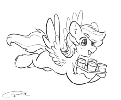Size: 3019x2492 | Tagged: safe, artist:opalacorn, derpibooru import, oc, unofficial characters only, pegasus, pony, black and white, coffee cup, commission, cup, drink holder, flying, grayscale, image, jpeg, male, monochrome, simple background, solo, spread wings, stallion, white background, wings
