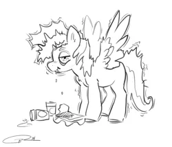 Size: 3212x2747 | Tagged: safe, artist:opalacorn, derpibooru import, oc, unofficial characters only, pegasus, pony, black and white, coffee cup, commission, cup, drink holder, eating, grayscale, image, jpeg, lidded eyes, messy mane, monochrome, simple background, solo, spread wings, white background, wings
