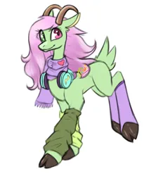 Size: 1800x2026 | Tagged: safe, artist:gea stars, oc, oc:gea, earth pony, pony, clothes, cloven hooves, female, headphones, horn, image, mare, multiple horns, png, ponysona, scarf, short tail, simple background, smiling, solo, white background
