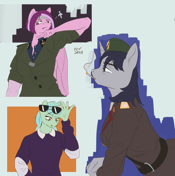 Size: 2451x2466 | Tagged: safe, artist:fly over, derpibooru import, oc, oc:alex sunshine, oc:breezy bloom, oc:starry night, oc:starry night (eaw), unofficial characters only, anthro, pegasus, pony, unicorn, equestria at war mod, breasts, cigarette, clothes, dog tags, female, glasses, hat, image, looking down, mare, png, simple background, smoking, sunglasses, unamused, uniform