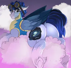 Size: 2075x1991 | Tagged: safe, alternate version, artist:mylittlewarhorse, derpibooru import, oc, oc:soaring spirit, unofficial characters only, pegasus, pony, armor, clothes, coat markings, cutie mark, facial markings, folded wings, glasses, goggles, image, jpeg, looking at you, looking back, looking back at you, male, markings, multicolored hair, multicolored mane, multicolored tail, socks (coat marking), solo, stallion, tail, three toned wings, uniform, wing armor, wing brace, wings, wonderbolt trainee uniform, wonderbolts