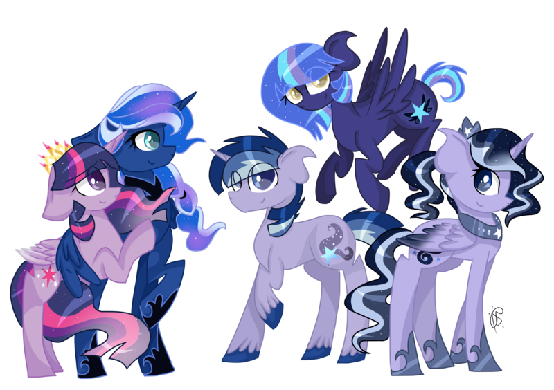 Size: 3264x2300 | Tagged: safe, artist:gallantserver, derpibooru import, princess luna, twilight sparkle, twilight sparkle (alicorn), oc, oc:artemis (gallantserver), oc:harmony (gallantserver), oc:nyx (gallantserver), alicorn, pegasus, pony, unicorn, alicorn oc, alternate hairstyle, blue eyes, braid, closed mouth, colored hooves, colored wings, crown, ethereal hair, ethereal mane, ethereal tail, female, floppy ears, flying, folded wings, gradient mane, gradient tail, gradient wings, group, hoof shoes, horn, image, jewelry, lesbian, magical lesbian spawn, male, mare, mother and child, mother and daughter, mother and son, mouth on side of face, multiple characters, offspring, parent:princess luna, parent:twilight sparkle, parents:twiluna, pegasus oc, peytral, png, ponytail, princess shoes, purple eyes, quintet, raised hoof, regalia, ship:twiluna, shipping, siblings, simple background, sisters, smiling, sparkly mane, sparkly tail, spread wings, stallion, standing, tail, tiara, transparent background, unicorn oc, unshorn fetlocks, wings, yellow eyes