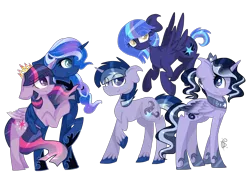 Size: 3264x2300 | Tagged: safe, artist:gallantserver, derpibooru import, princess luna, twilight sparkle, twilight sparkle (alicorn), oc, oc:artemis (gallantserver), oc:harmony (gallantserver), oc:nyx (gallantserver), alicorn, pegasus, pony, unicorn, alicorn oc, alternate hairstyle, blue eyes, braid, closed mouth, colored hooves, colored wings, crown, ethereal hair, ethereal mane, ethereal tail, female, floppy ears, flying, folded wings, gradient mane, gradient tail, gradient wings, group, hoof shoes, horn, image, jewelry, lesbian, magical lesbian spawn, male, mare, mother and child, mother and daughter, mother and son, mouth on side of face, multiple characters, offspring, parent:princess luna, parent:twilight sparkle, parents:twiluna, pegasus oc, peytral, png, ponytail, princess shoes, purple eyes, quintet, raised hoof, regalia, ship:twiluna, shipping, siblings, simple background, sisters, smiling, sparkly mane, sparkly tail, spread wings, stallion, standing, tail, tiara, transparent background, unicorn oc, unshorn fetlocks, wings, yellow eyes