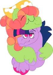 Size: 1280x1800 | Tagged: safe, artist:lepoppeta, derpibooru import, tree hugger, twilight sparkle, twilight sparkle (alicorn), alicorn, earth pony, pony, bust, crack shipping, duo, duo female, eyes closed, female, high, hug, image, lesbian, lidded eyes, mare, png, shipping, simple background, smiling, transparent background, twihugger, unshorn fetlocks, wavy mouth