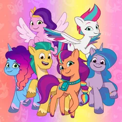 Size: 320x320 | Tagged: safe, derpibooru import, official, hitch trailblazer, izzy moonbow, pipp petals, sunny starscout, zipp storm, g5, my little pony: tell your tale, 2d, cover, image, jpeg, looking at you, misty brightdawn, raised hoof, smiling, smiling at you, spotify, standing