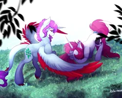 Size: 2500x2000 | Tagged: safe, artist:krissstudios, artist:shamy-crist, derpibooru import, oc, oc:sunny crist, oc:yuko, unofficial characters only, alicorn, pony, unicorn, colored wings, female, image, mare, png, two toned wings, wings