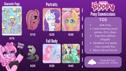Size: 5500x3100 | Tagged: safe, artist:bubblegooey, derpibooru import, bon bon, derpy hooves, fluttershy, lyra heartstrings, octavia melody, pinkie pie, rainbow dash, rarity, sweetie drops, oc, oc:bubblegooey, earth pony, pegasus, pony, unicorn, advertisement, advertising, bust, commission, commission example, commission info, commissions open, cute, digital art, expressions, female, full body, g4, image, logo, looking at each other, looking at someone, mare, pinkamena diane pie, png, portrait, price sheet, prices