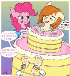 Size: 1600x1733 | Tagged: suggestive, artist:seltiox, derpibooru import, pinkie pie, oc, oc:copper moon, anthro, earth pony, plantigrade anthro, pony, anthro oc, birthday, birthday cake, bondage, bound, cake, captured, caught, damsel in distress, dialogue, dialogue box, encasement, feet, female, fetish, floppy ears, food, foot fetish, foot focus, freckles, gradient background, helpless, image, kidnapped, mare, open mouth, peril, png, restrained, soles, speech bubble, stocks, tickle fetish, tickling, toes