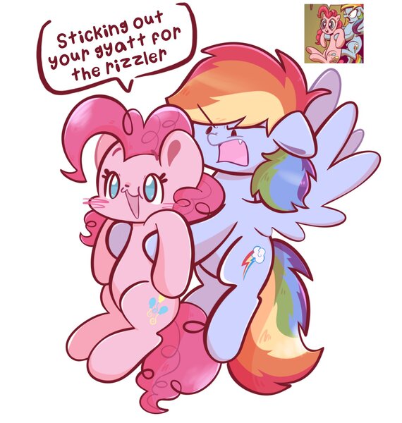 Size: 1617x1701 | Tagged: safe, artist:typhwosion, derpibooru import, idw, pinkie pie, rainbow dash, earth pony, pegasus, pony, :3, disgusted, duo, female, g4, gyatt, holding a pony, image, jpeg, rainbow dash is not amused, rizzler, scene interpretation, slang, unamused