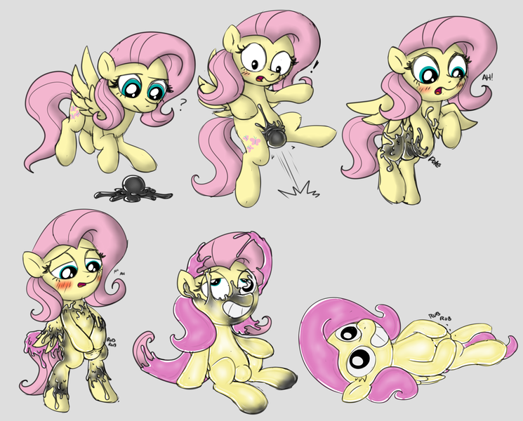 Size: 4970x4001 | Tagged: questionable, artist:tomlooksatstuff, derpibooru import, fluttershy, pegasus, pony, my little pony: pony life, bean mouth, blushing, bondage, crotch bulge, encasement, exclamation point, forced smile, grin, image, latex, liquid latex, living latex, open mouth, png, question mark, rubber, rubbing, smiling, solo, transformation, transformation sequence