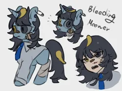 Size: 4096x3072 | Tagged: semi-grimdark, artist:metaruscarlet, derpibooru import, oc, oc:bleeding mooner, unofficial characters only, human, pony, unicorn, ahoge, bandage, bandaid, bleeding, blood, clothes, ear piercing, earring, english, gray background, heterochromia, horn, humanized, image, jewelry, necktie, nosebleed, open mouth, piercing, png, safety pin, shirt, simple background, torn ear, unicorn oc