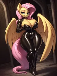 Size: 1536x2048 | Tagged: suggestive, ai content, alternate version, derpibooru import, machine learning generated, fluttershy, anthro, absolute cleavage, big breasts, bodysuit, breast grab, breasts, busty fluttershy, catsuit, cleavage, clothes, curvy, derpibooru exclusive, dominatrix, female, flutterdom, g4, grope, hand on hip, high heels, hourglass figure, image, latex, latex suit, png, prompter:inky heart, shoes, solo, solo female, thighs, thunder thighs, wide hips