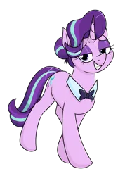 Size: 1234x1640 | Tagged: safe, alternate version, artist:moonatik, derpibooru import, starlight glimmer, pony, unicorn, alternate hairstyle, bowtie, eyeshadow, female, g4, hair bun, image, lidded eyes, makeup, mare, png, simple background, smiling, solo, transparent background