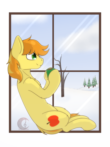 Size: 1872x2496 | Tagged: safe, artist:nekoremilia1, derpibooru import, braeburn, earth pony, pony, chocolate, commission, food, hot chocolate, image, looking out the window, male, png, sitting, smiling, snow, solo, stallion, tail, tree, two toned mane, two toned tail, window, winter, ych result