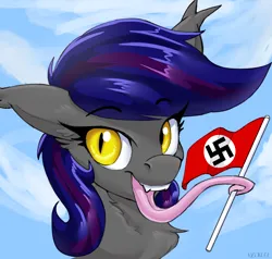 Size: 4196x4000 | Tagged: safe, artist:neoncel, edit, editor:edits of hate, editor:strifesnout, ponerpics import, oc, oc:firestarter, unofficial characters only, bat pony, pony, fangs, female, flag, holding a flag, icon, image, long tongue, mare, nazi, nazi flag, neck fluff, open mouth, png, prehensile tongue, solo, swastika, tongue out, tongue wrap