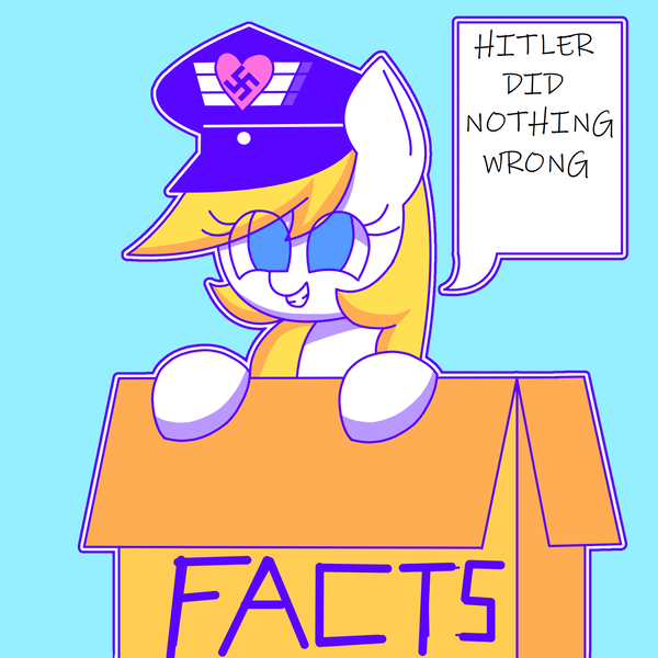 Size: 2048x2048 | Tagged: safe, artist:aryannespetfemboy, edit, ponerpics import, oc, oc:aryanne, unofficial characters only, pony, box, dialogue, female, hitler did nothing wrong, image, mare, nazi, png, smiling, solo, swastika