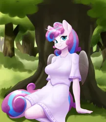 Size: 2000x2300 | Tagged: safe, artist:junglemango, derpibooru import, princess flurry heart, alicorn, anthro, clothes, dress, fanfic art, forest, image, nature, png, smiling, solo, tree