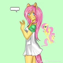 Size: 693x693 | Tagged: safe, artist:friedneuronss, derpibooru import, fluttershy, human, pegasus, pony, eared humanization, green background, humanized, image, jpeg, looking at you, no pupils, simple background