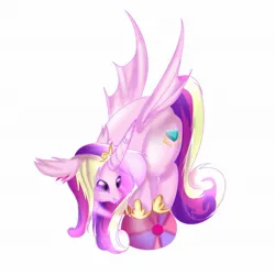 Size: 1974x1974 | Tagged: safe, artist:friedneuronss, derpibooru import, princess cadance, bat pony, bat pony unicorn, hybrid, pony, unicorn, balancing, ball, bat ponified, fangs, female, floppy ears, horn, image, jpeg, mare, race swap, simple background, smiling, solo, white background