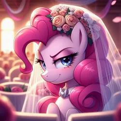 Size: 1024x1024 | Tagged: source needed, safe, ai content, derpibooru import, machine learning generated, prompter:doomguy397, pinkie pie, earth pony, pony, g4, blushing, bowtie, clothes, dress, female, flower, flower in hair, generator:dall-e 3, image, jpeg, lidded eyes, looking at you, mare, solo, wedding dress, wedding veil