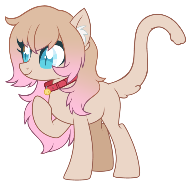 Size: 2845x2779 | Tagged: safe, artist:sinamuna, derpibooru import, oc, oc:kerfluffle, unofficial characters only, cat, cat pony, original species, pony, base used, bell, blue eyes, brown eyes, brown fur, brown hair, cat ears, cat tail, collar, female, fluffy hair, image, long hair, mare, pink hair, png, slit pupils, smiling, solo, tail