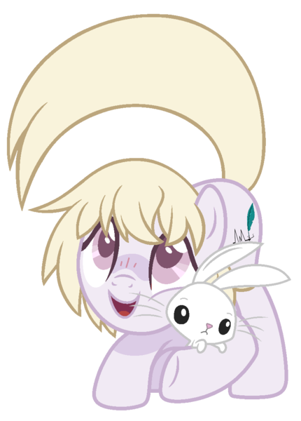 Size: 822x1148 | Tagged: safe, artist:sinamuna, derpibooru import, angel bunny, oc, oc:hushed quill, unofficial characters only, pony, rabbit, animal, base used, blonde hair, blushing, happy, image, male, png, purple eyes, purple fur, solo, stallion, yellow mane