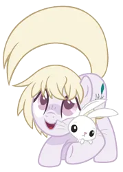 Size: 822x1148 | Tagged: safe, artist:sinamuna, derpibooru import, angel bunny, oc, oc:hushed quill, unofficial characters only, pony, rabbit, animal, base used, blonde hair, blushing, happy, image, male, png, purple eyes, purple fur, solo, stallion, yellow mane