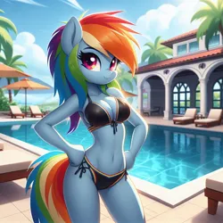 Size: 1024x1024 | Tagged: safe, ai content, derpibooru import, machine learning generated, rainbow dash, anthro, belly button, bikini, black swimsuit, breasts, cleavage, clothes, female, generator:bing image creator, generator:dall-e 3, hand on hip, image, jpeg, looking at you, missing cutie mark, outdoors, palm tree, sexy, side-tie bikini, smiling, smiling at you, solo, standing, swimming pool, swimsuit, tree, umbrella, wingless, wingless anthro
