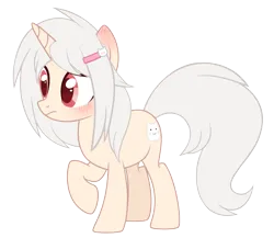 Size: 3025x2629 | Tagged: safe, artist:sinamuna, derpibooru import, oc, oc:quiet psyche, unofficial characters only, pony, unicorn, base used, blushing, cutie mark, ear blush, genderfluid, hairclip, horn, image, nonbinary, peach fur, png, red eyes, solo, white hair