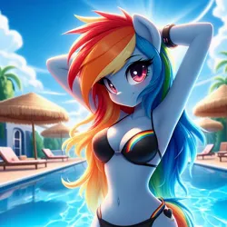 Size: 1024x1024 | Tagged: safe, ai content, derpibooru import, machine learning generated, rainbow dash, anthro, arm behind head, belly button, bikini, black swimsuit, blushing, bracelet, breasts, cleavage, clothes, female, g4, generator:bing image creator, generator:dall-e 3, image, jewelry, jpeg, long hair, looking at you, outdoors, sexy, smiling, smiling at you, solo, standing, swimming pool, swimsuit, umbrella, wingless, wingless anthro