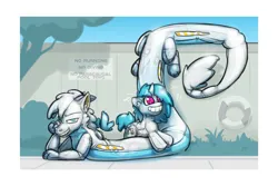 Size: 2351x1567 | Tagged: safe, artist:krd, derpibooru import, vinyl scratch, oc, oc:zeno, clothes, fetish, g4, image, implied transformation, inanimate tf, inflatable, inflatable fetish, inflatable toy, jpeg, life preserver, looking at you, pool toy, see-through, sign, swimming pool, transformation, transparent