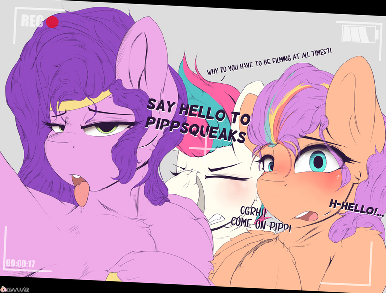 Size: 3692x2799 | Tagged: safe, artist:drawalaverr, derpibooru import, pipp petals, sunny starscout, zipp storm, earth pony, pegasus, pony, g5, ashamed, bedroom eyes, blushing, camera, colored, female, feral, filming, flat colors, image, jewelry, looking at you, mare, open mouth, png, simple background, text, tongue out