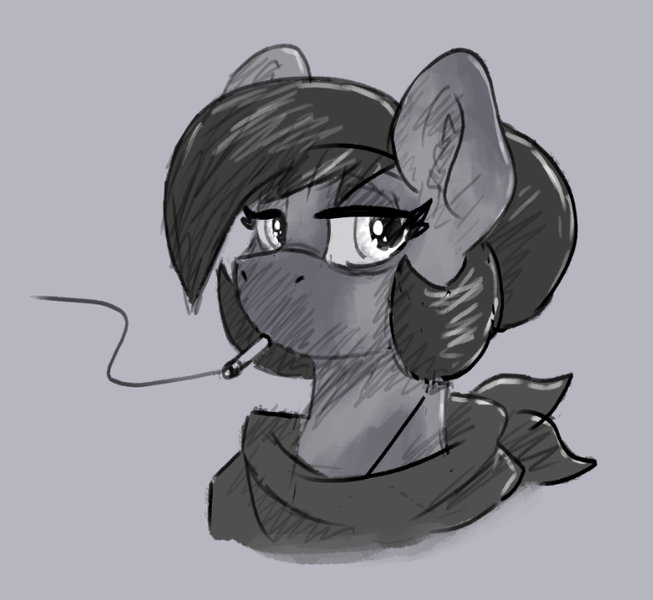 Size: 740x680 | Tagged: safe, artist:reddthebat, derpibooru import, oc, oc:number nine, unofficial characters only, earth pony, pony, bandana, bust, cigarette, female, gray background, grayscale, image, lidded eyes, mare, monochrome, png, simple background, smoking, solo