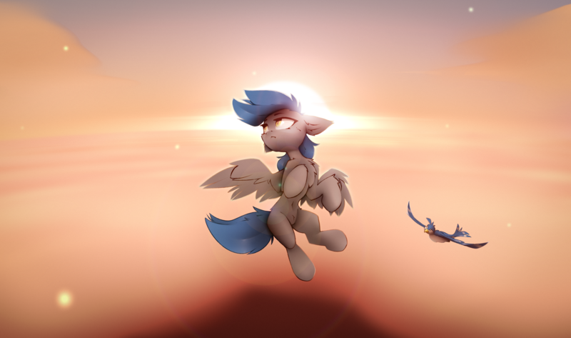 Size: 5729x3388 | Tagged: safe, artist:deafjaeger, derpibooru import, oc, oc:gabriel, unofficial characters only, hybrid, pegasus, pony, cloud, ear fluff, fangs, female, flying, high res, image, mare, png, sky, spread wings, sun, sunflare, tail, wings