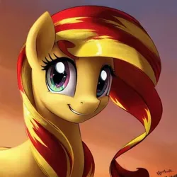 Size: 450x450 | Tagged: prompter needed, source needed, useless source url, safe, ai content, derpibooru import, machine learning generated, sunset shimmer, pony, feral, grin, image, jpeg, optimistic, smiling, solo, sunset