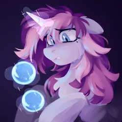Size: 3000x3016 | Tagged: safe, artist:crimmharmony, derpibooru import, oc, oc:glimmerlight, unofficial characters only, pony, unicorn, fallout equestria, fallout equestria: murky number seven, crying, fanfic art, female, floppy ears, horn, image, mare, painting, png, sad, simple background, unicorn oc