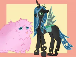 Size: 1600x1204 | Tagged: safe, artist:coc0pepper, derpibooru import, queen chrysalis, oc, oc:fluffle puff, changeling, changeling queen, earth pony, pony, canon x oc, chest fluff, female, image, jpeg, lesbian, mare, passepartout, ship:chrysipuff, shipping