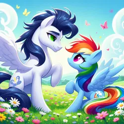 Size: 1024x1024 | Tagged: safe, ai content, derpibooru import, machine learning generated, prompter:*rainbow dash*, rainbow dash, soarin', butterfly, insect, cloud, cloudy, female, flower, g4, generator:bing image creator, image, looking at each other, looking at someone, male, png, raised hoof, shipping, shy, soarindash, spread wings, straight, wings