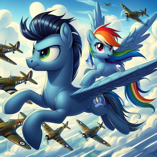 Size: 1024x1024 | Tagged: safe, ai content, derpibooru import, machine learning generated, prompter:*rainbow dash*, rainbow dash, soarin', cloud, cloudy, female, flying, g4, generator:bing image creator, image, jpeg, male, plane, shipping, soarindash, straight