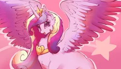 Size: 3078x1760 | Tagged: safe, artist:fealcity, derpibooru import, princess cadance, alicorn, pony, cheek fluff, chest fluff, cute, cutedance, gradient background, high res, image, large wings, looking at you, open mouth, open smile, png, smiling, smiling at you, solo, spread wings, wings