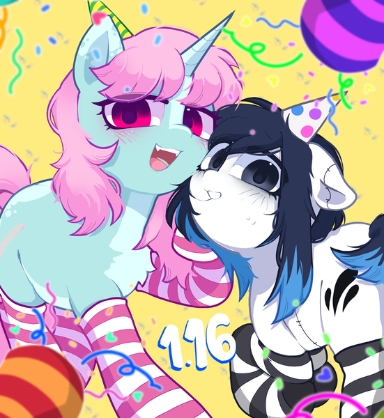 Size: 2376x2589 | Tagged: safe, artist:inkp0ne, derpibooru import, oc, oc:michel tusche, oc:scoops, unofficial characters only, earth pony, pony, unicorn, birthday, clothes, confetti, cute, hat, image, party hat, png, socks, striped socks