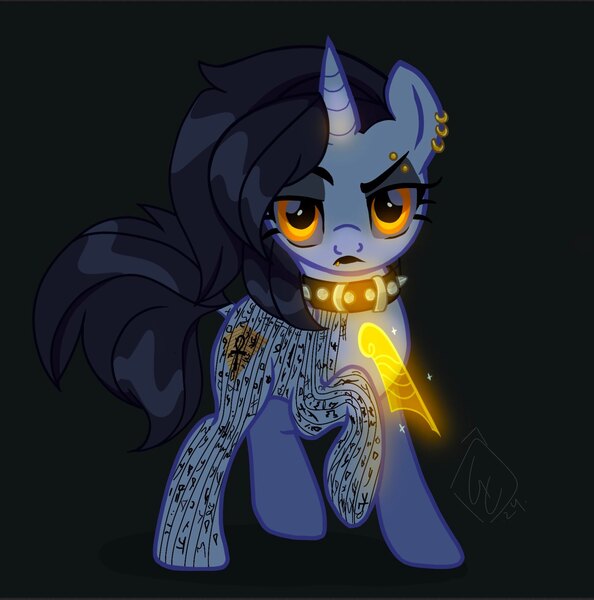 Size: 1624x1640 | Tagged: safe, artist:peech, derpibooru import, oc, oc:maat, oc:tansha, pony, unicorn, collar, cyberpunk, dark background, ear piercing, egyptian, egyptian pony, eyebrow piercing, female, glow, hologram, image, jpeg, lip piercing, mare, piercing, science fiction, setting: neo somnambula, solo, spiked collar, suspicious, tattoo, variant