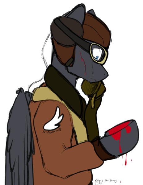 Size: 1161x1506 | Tagged: semi-grimdark, artist:eklipsethepony, derpibooru import, oc, oc:eklipse, unofficial characters only, pegasus, pony, semi-anthro, aviator goggles, blood, bomber jacket, clothes, crying, folded wings, goggles, image, jacket, looking at hoof, oxygen mask, pegasus oc, pilot, pilot helmet, png, scratches, simple background, solo, teary eyes, transparent background, wings, world war ii