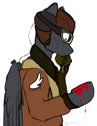 Size: 1161x1506 | Tagged: semi-grimdark, artist:eklipsethepony, derpibooru import, oc, oc:eklipse, unofficial characters only, pegasus, pony, semi-anthro, aviator goggles, blood, bomber jacket, clothes, crying, folded wings, goggles, image, jacket, looking at hoof, oxygen mask, pegasus oc, pilot, pilot helmet, png, scratches, simple background, solo, teary eyes, transparent background, wings, world war ii