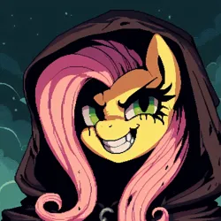 Size: 1024x1024 | Tagged: safe, ai content, derpibooru import, machine learning generated, prompter:enterusxrname, fluttershy, cloak, clothes, dark, evil grin, g4, generator:bing image creator, grin, image, jpeg, outdoors, smiling, solo
