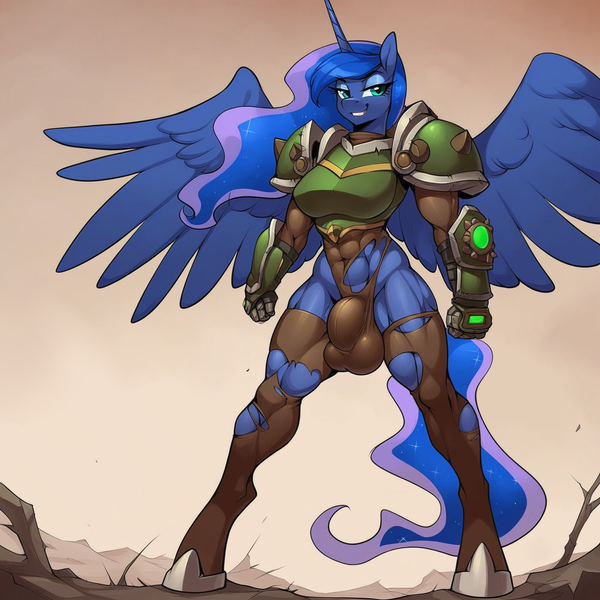 Size: 1472x1472 | Tagged: questionable, ai content, derpibooru import, editor:image, machine learning generated, stable diffusion, princess luna, alicorn, anthro, unguligrade anthro, armor, balls, big balls, breasts, busty princess luna, clothes, crotch bulge, doom, doom guy, futa, futa princess luna, image, intersex, looking at you, muscles, muscular futa, nudity, png, prompter:image, ripped stockings, smiling, socks, solo, solo futa, stockings, thigh highs, torn clothes, wings