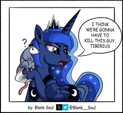 Size: 2217x2048 | Tagged: safe, artist:blankedsoul, derpibooru import, princess luna, tiberius, alicorn, opossum, pony, comic, dialogue, i think we're gonna have to kill this guy, image, meme, pet, png, scheming, simple background, speech bubble, white background