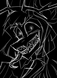 Size: 1469x1994 | Tagged: semi-grimdark, artist:kutemango, derpibooru import, ponified, deer, pony, alastor, angry, black and white, creepy, glow, glowing eyes, grayscale, hazbin hotel, horns, image, madness, monochrome, outline, png, pupils, screamer, solo, teeth, tongue out, white outline