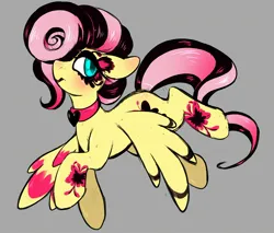 Size: 2388x2039 | Tagged: safe, artist:chilif, derpibooru import, fluttershy, pegasus, pony, alternate hairstyle, choker, emoshy, female, floppy ears, gray background, image, jpeg, mare, simple background, solo, wings, wings down